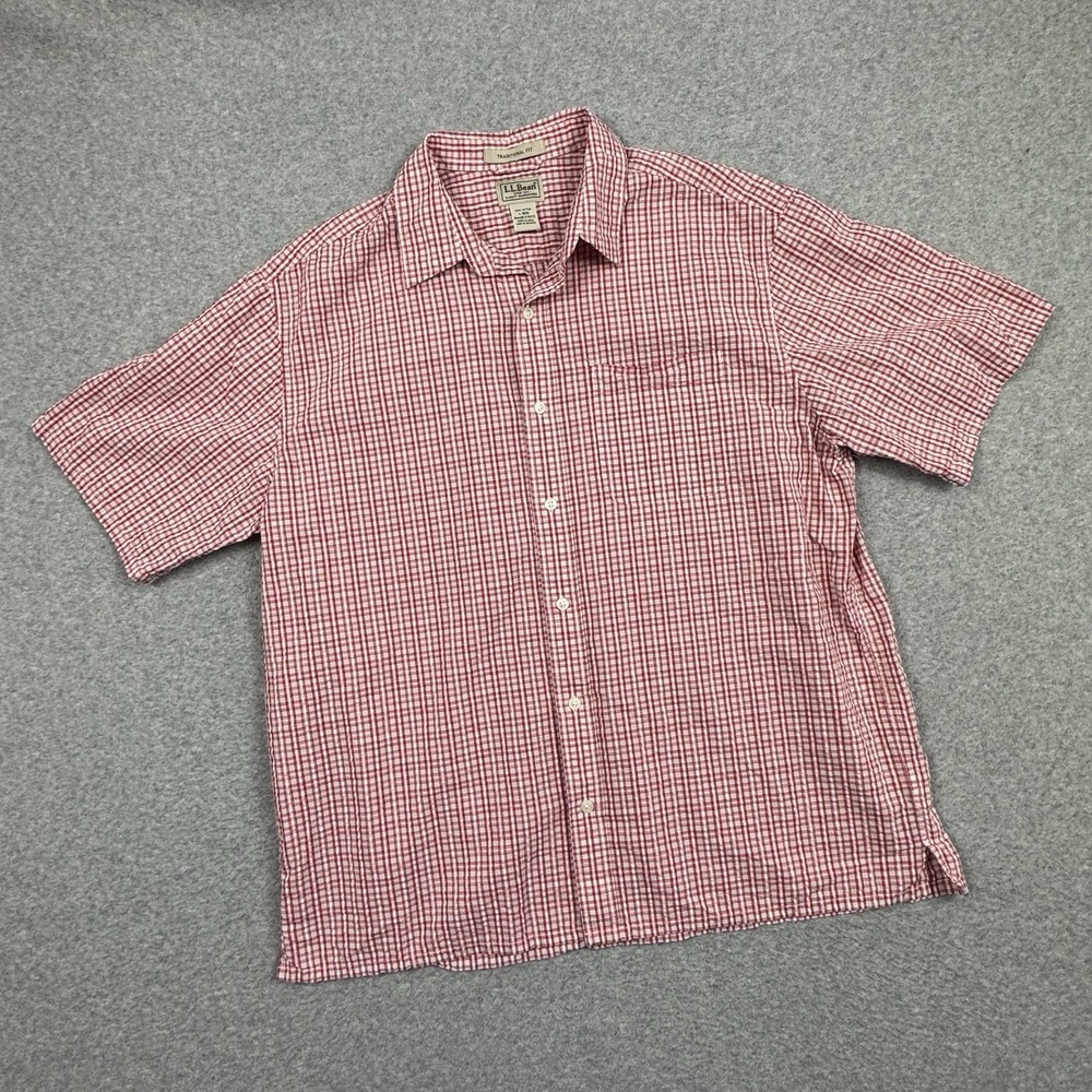 LL Bean Seersucker Shirt Mens Large Red‎ White Check Summer Cool Casual 275173